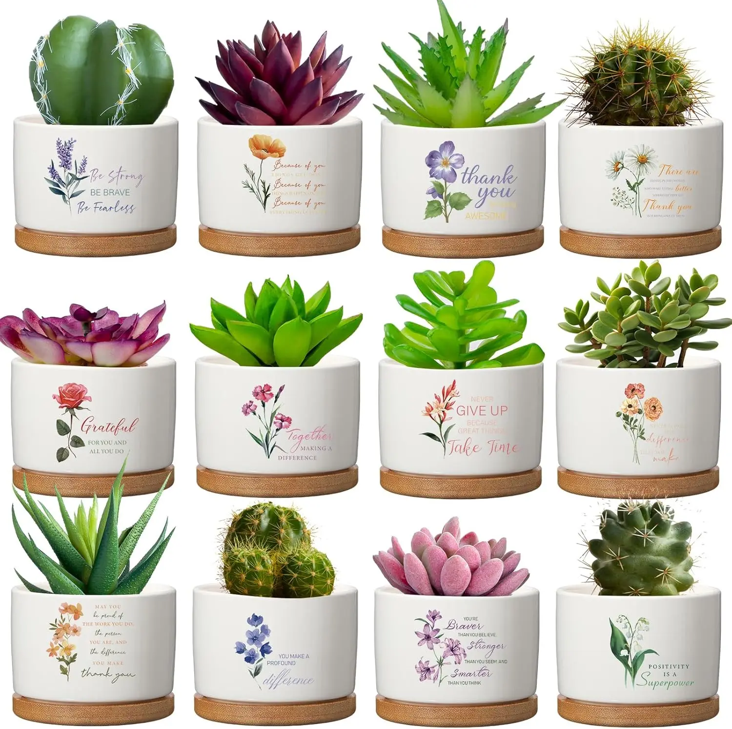 

12 Pcs Inspirational Succulent Pot Bulk Employee Appreciation Gift Floral Ceramic Planter with Bamboo Tray Thank You Gif