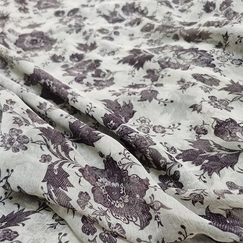 1 meter 100% Mulberry Silk 9 momme Thin Crinkle Georgette Silk Fabric White Floral Print 140cm 55