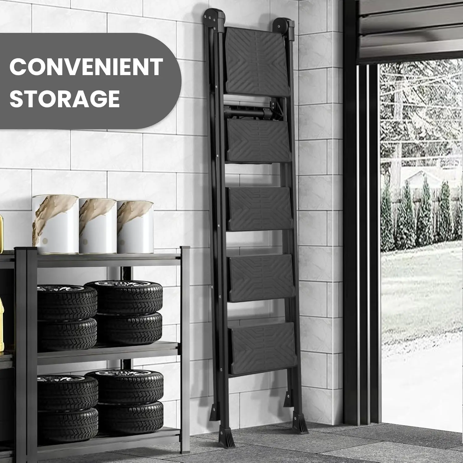 Step Ladder, Foldable Handrail & Tool Tray Stool Ladders with Anti-Slip Wide Pedal, 660 lbs Sturdy Steel Ladder for Home Kitchen