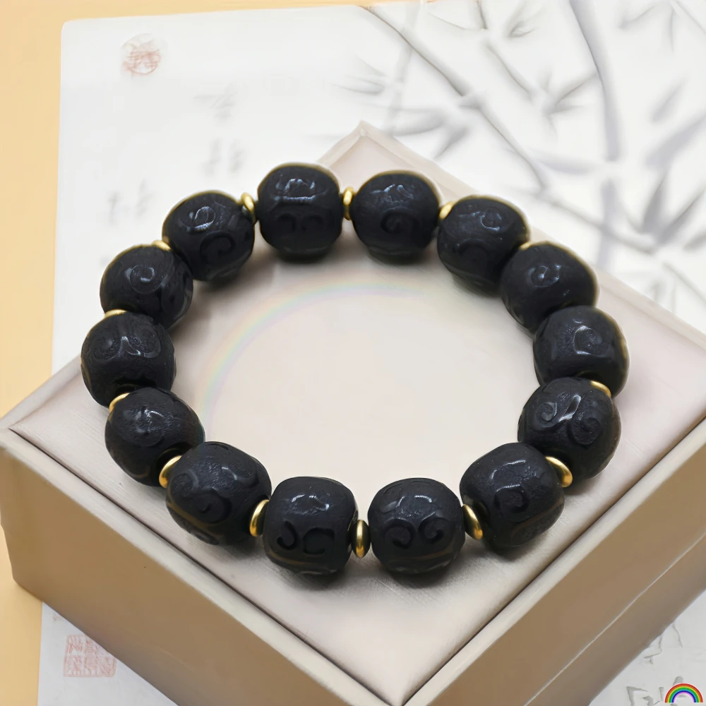 

Natural black agate frosted bracelet, vintage patina, old bead carving, patterned couple jade bracelet, Rwbuy