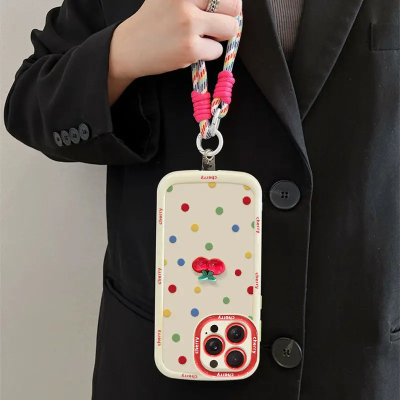 Corda colorata a pois con ciliegia adatta per custodia telefono Apple 17 Pro Max iPhone 15 Dopamina 14 13 Huawei Xiaomi