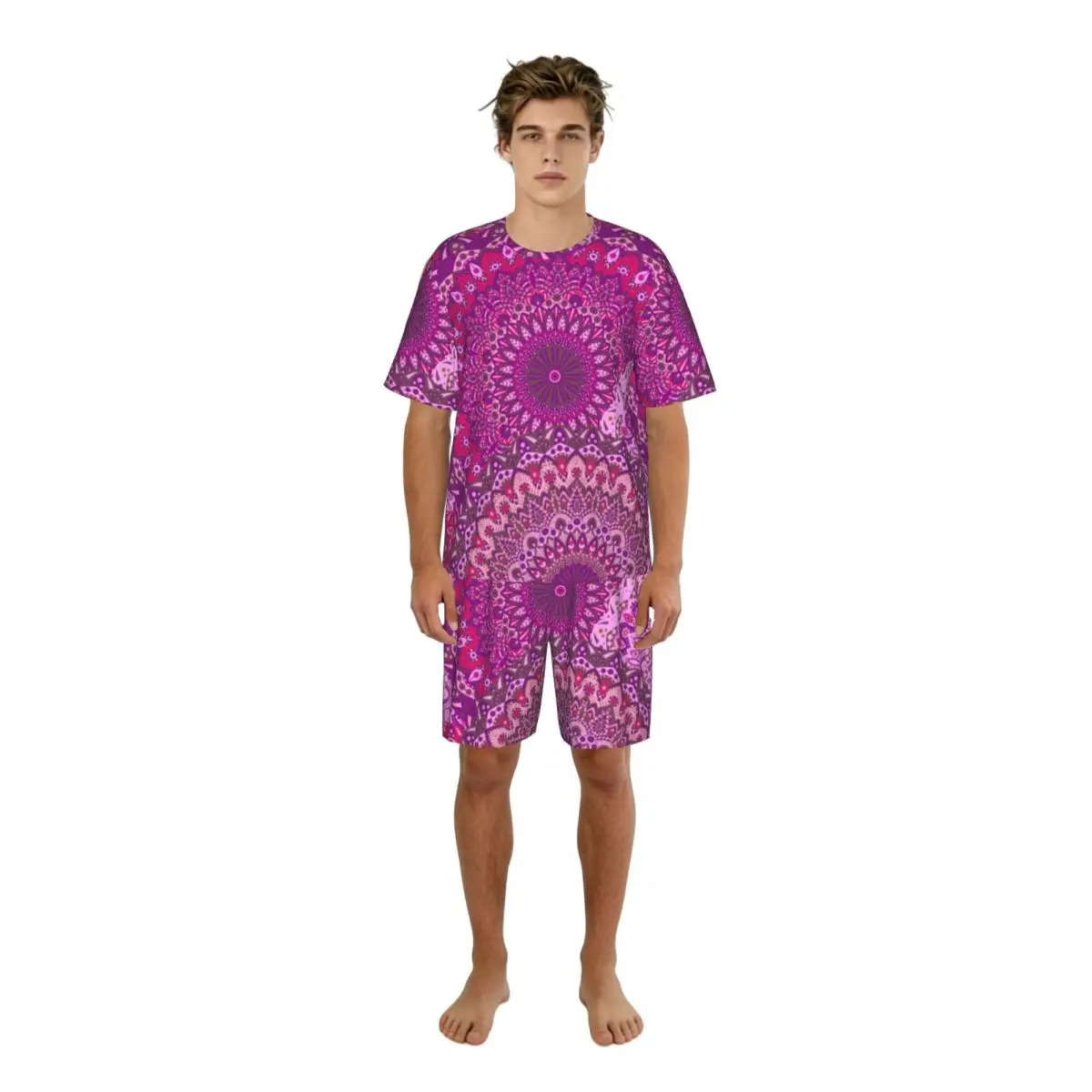

Men's Short Sleeve Shorts Pajama Set Mandala Ornament Vintage Background Sleepwear Casual Nightwear Home Wear Suit
