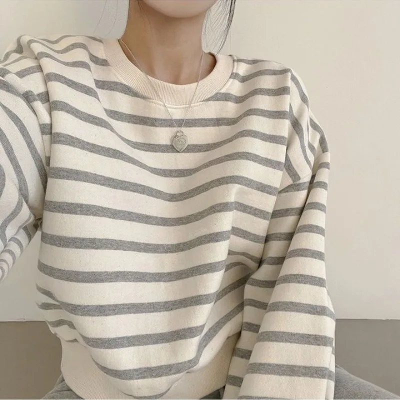 Spring Sweatshirts Women Street Korean Style Fashion All-match Casual Basic BF Long Sleeve Vintage Striped Lightweight O-neck