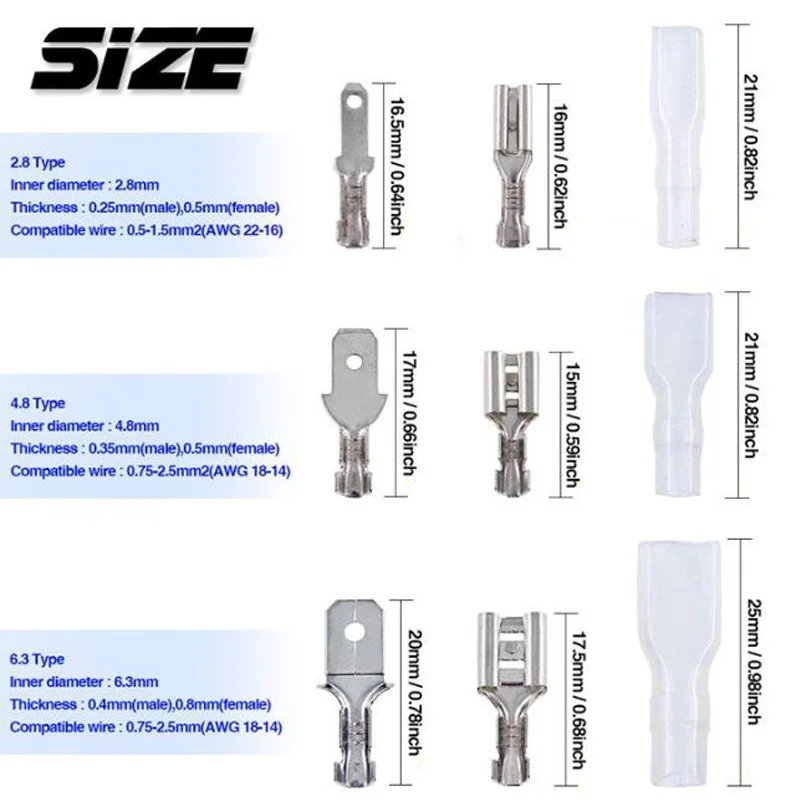 Caja aislada conector de cable macho hembra 2,8/4,8/6,3mm terminales de engarzado eléctrico Termin Spade conectores Kit surtido