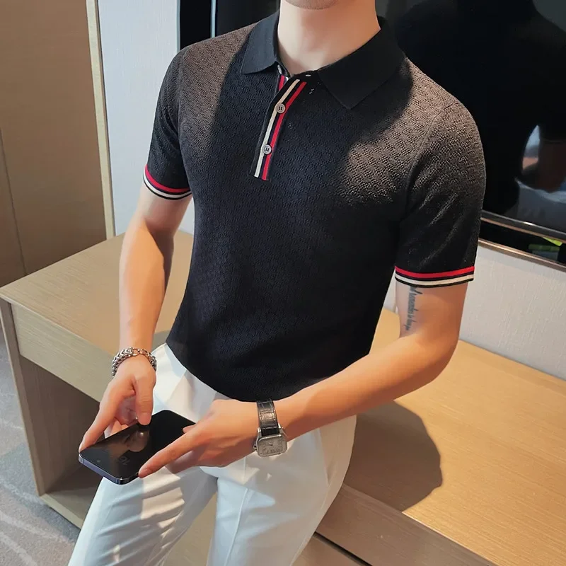 Men's High-quality Casual Short Sleeves Polo Shirts/Male Slim Fit Plaid Fashion Hollow Out Knitting Polo Shirts S-4XL