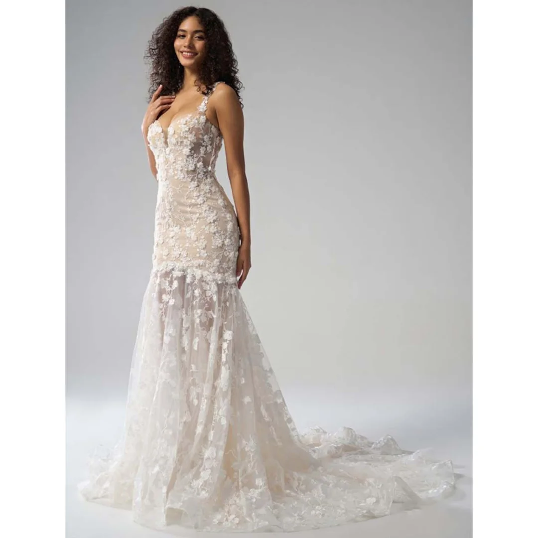 

Lace Mermaid Wedding Dresses Luxurious Floral Spaghetti Straps Ruched Court Train Evening Gowns Women's Customized Bridal Dress