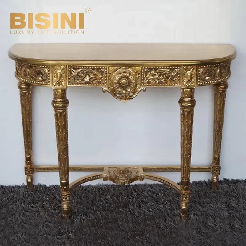 Gold Leaf Resin Entryway Table Hand-Painted Floral Motifs White Marble Countertop Solid PU Frame for Villa Project