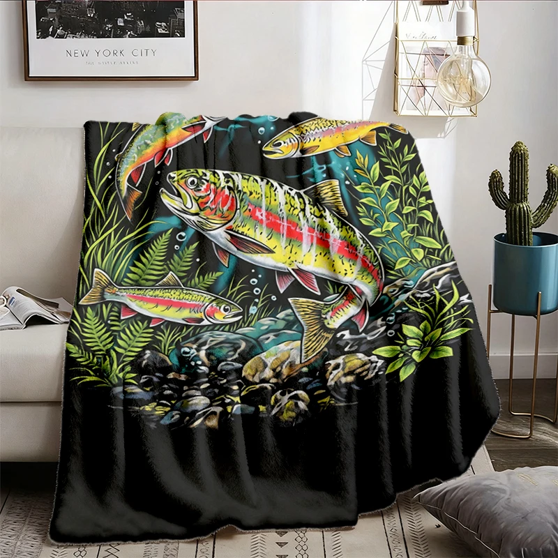 90s River Wildlife Flannel Blanket - Men & Women's Unisex Graphic Flannel Blanket - Vintage Rainbow Trout Flannel