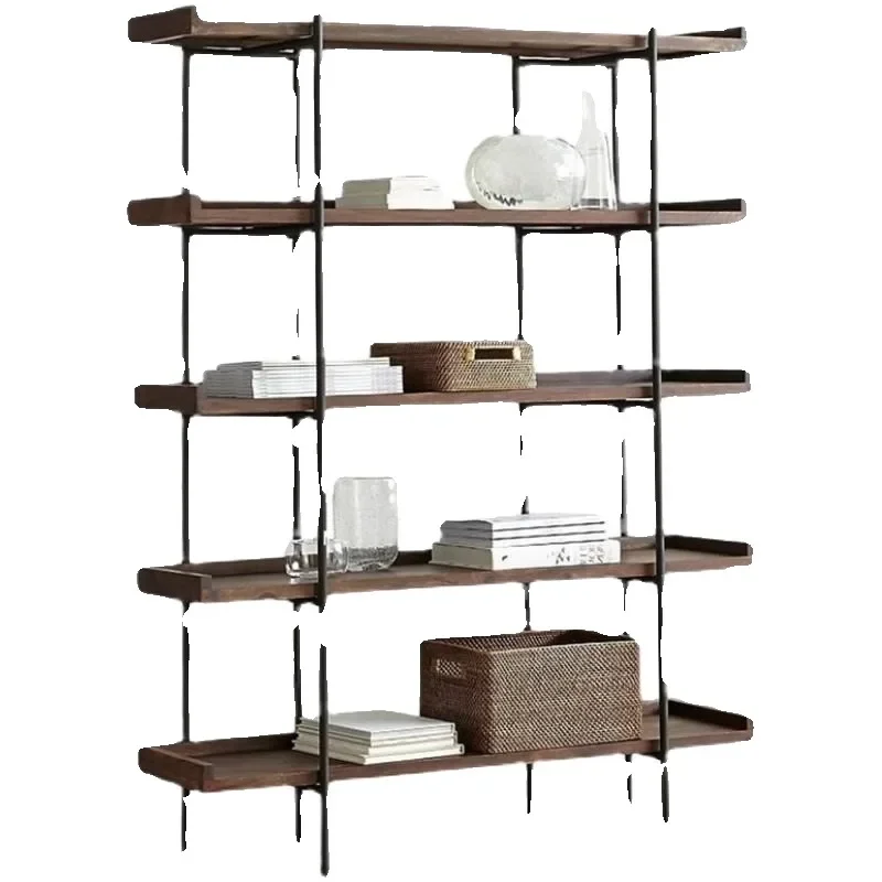 

American wrought iron retro floor bookshelf shelf simple solid wood living room creative multi-layer shelf bookcase baffle shelf