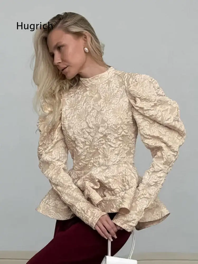 Women Fitted Peplum Blouse Mock Neck Raised Floral Pattern Statement Puff Sleeve Solid Woven Top For Special Event Styling
