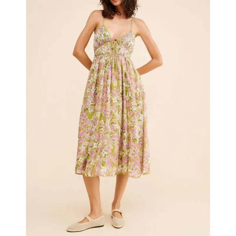 Combhasaki Abito lungo da donna senza maniche con spalline regolabili, pieghe floreali, con fiocco, scollo a V, smock, senza schienale, a trapezio