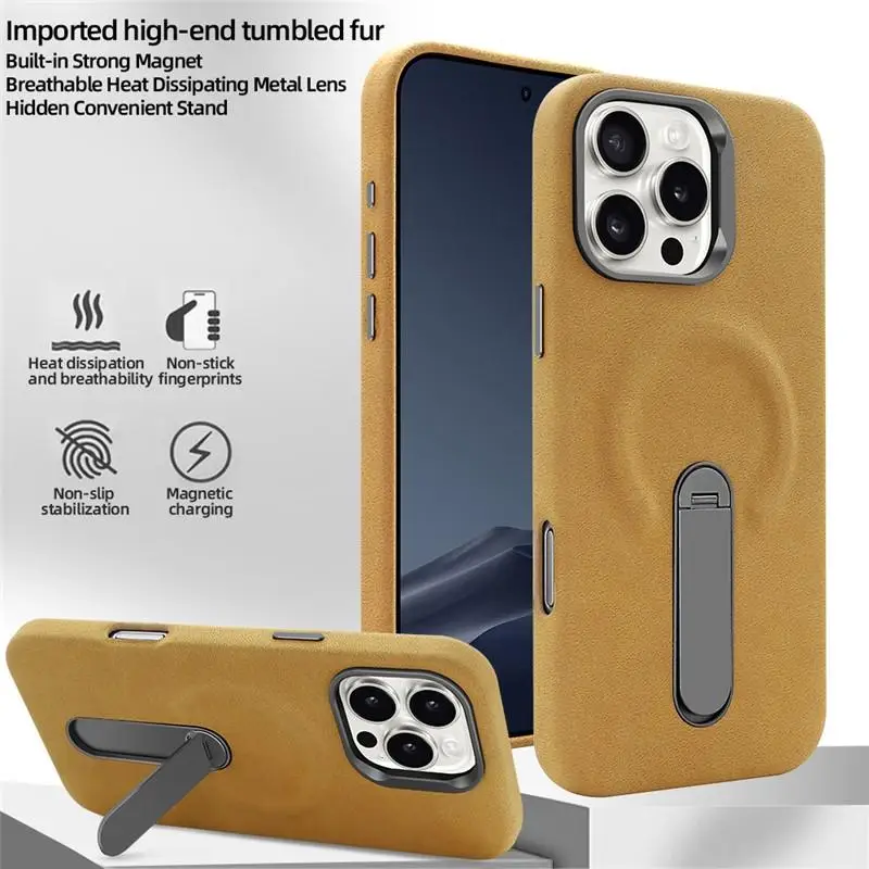 

Премиум кожаный магнитный случай привлечения для iPhone 15 16 Pro Max 360 скрытый металлический держатель телефона бизнес замшевая крышка