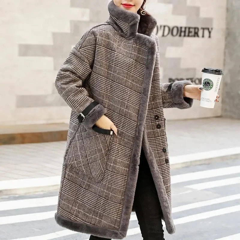 2024 Autumn Winter New Plaid Cotton Jacket Women\'s Fashion Warm Temperament Polo Collar Wool Coat Female Long Parkas Overcoat