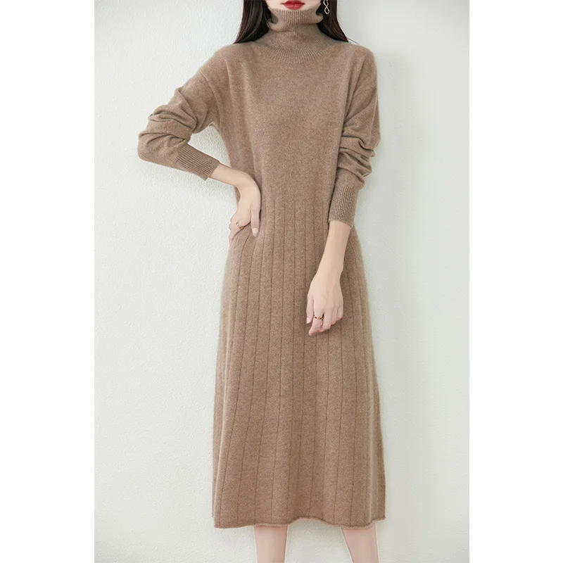 Hot Sale Ladies Dresses Turtleneck 100% Australian Wool Knitting Mid-Calf Winter Soft Warm Dresses 6Colors Full Sleeve Free Ship