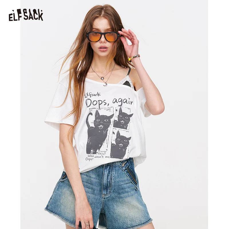 

ELFSACK Cat Print Asymmetric T-Shirt, Letter Graphic Layered Tee, Short Sleeve Casual Top for Women