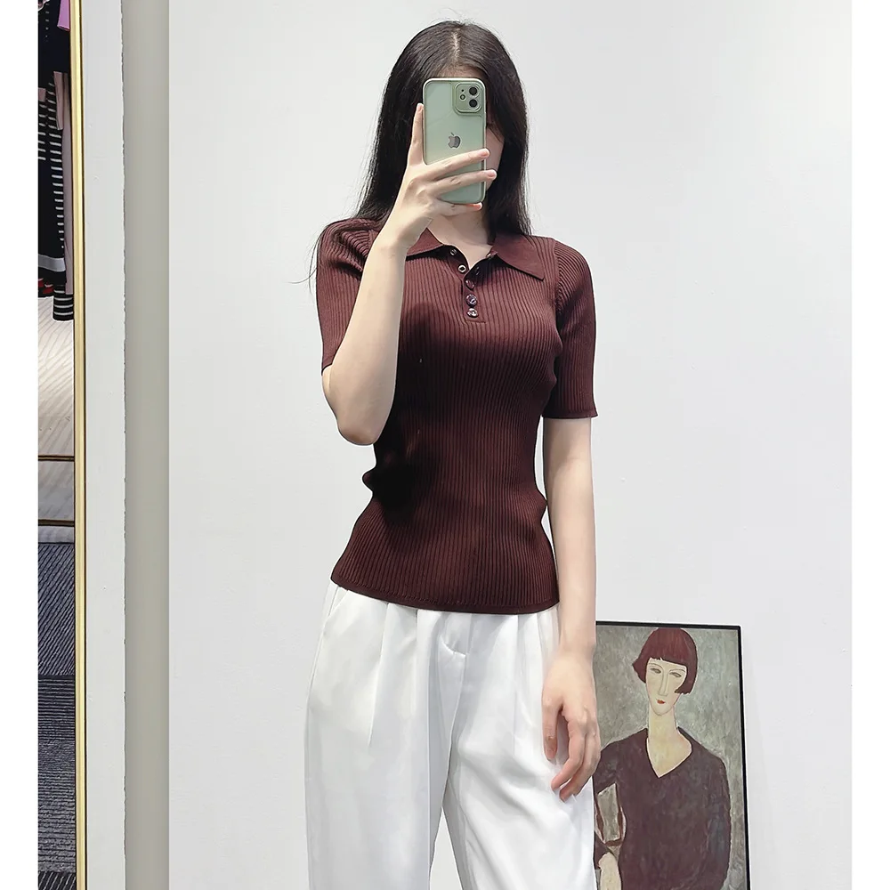 High Quality 2023 New Summer Women Short Sleeve T-shirt Stretch Slim Turn-down Collar Polo Shirts Pullover Knitted Basic Top