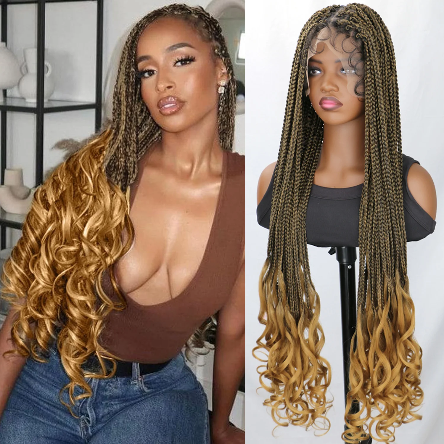 Parrucche intrecciate senza nodi in pizzo pieno da 36 pollici per le donne Parrucca sintetica con treccia a scatola con parrucche piene in pizzo intrecciate per capelli da bambino con estremità ricci