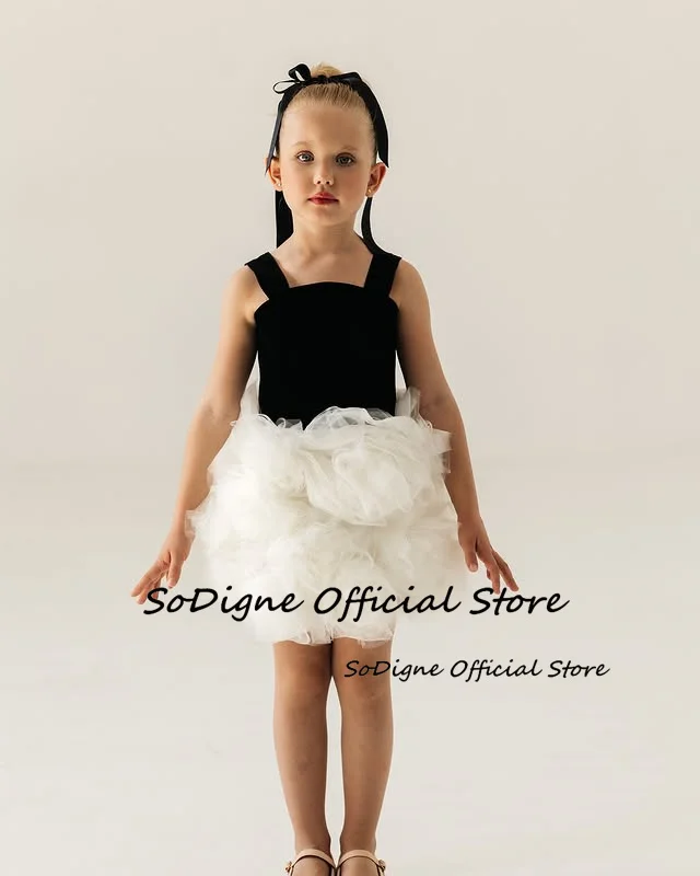 SoDigne A-line Velvet/Tulle Black Flower Girl Dress Sleeveless Short 2025 Girls Skirt Party Dresses Kid Gown Customized