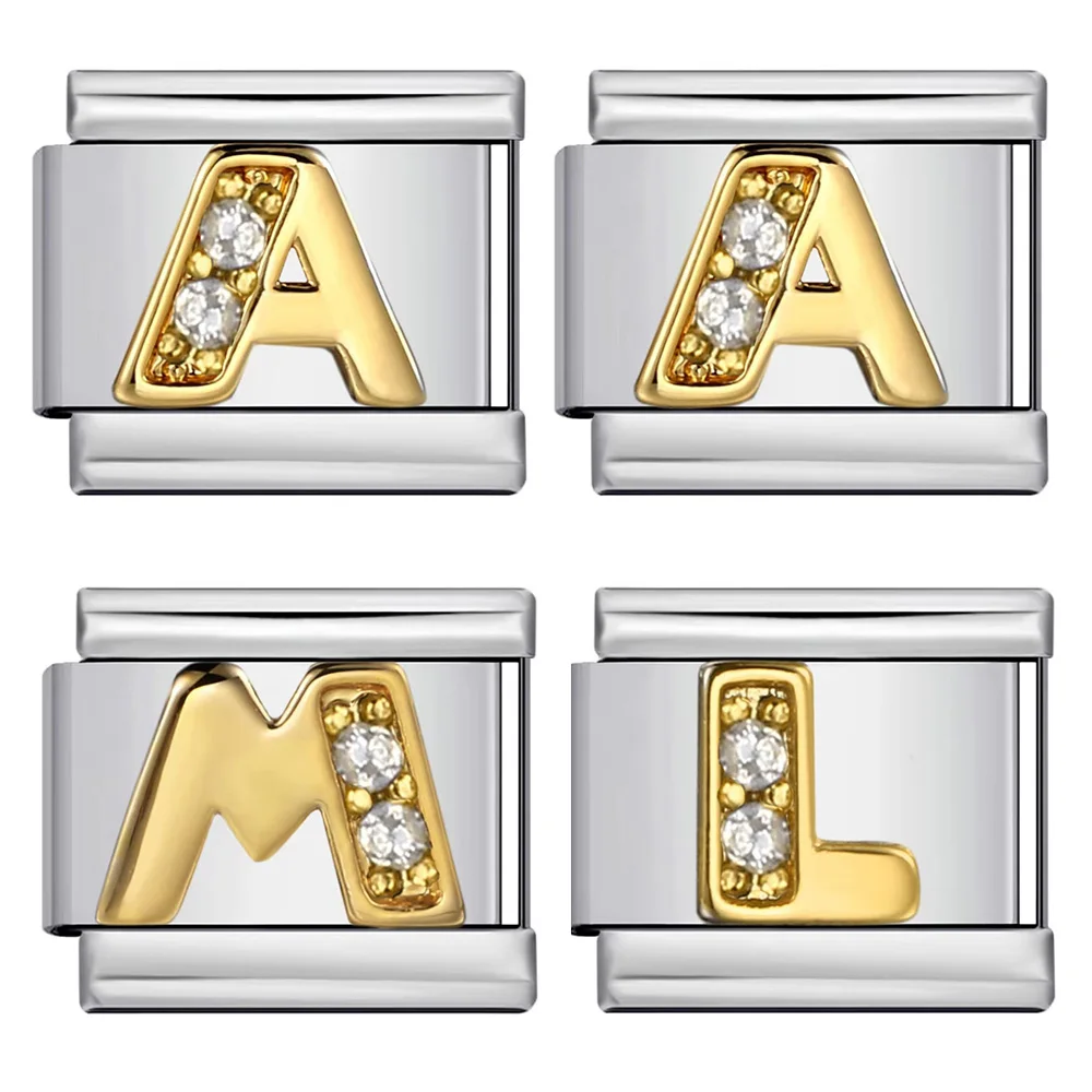 Gold Color English 26 letters A L M embedded two Zircon Italian Charm Links Fit 9mm Stainless Steel  Bracelet DIY Making Beads