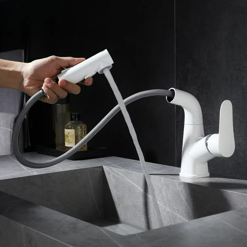 Pull-out Faucet Basin Faucet Brass 360° Rotation 2 Modes Bathroom Crane Deck Mounted Hot and Cold Water Mixer Tap