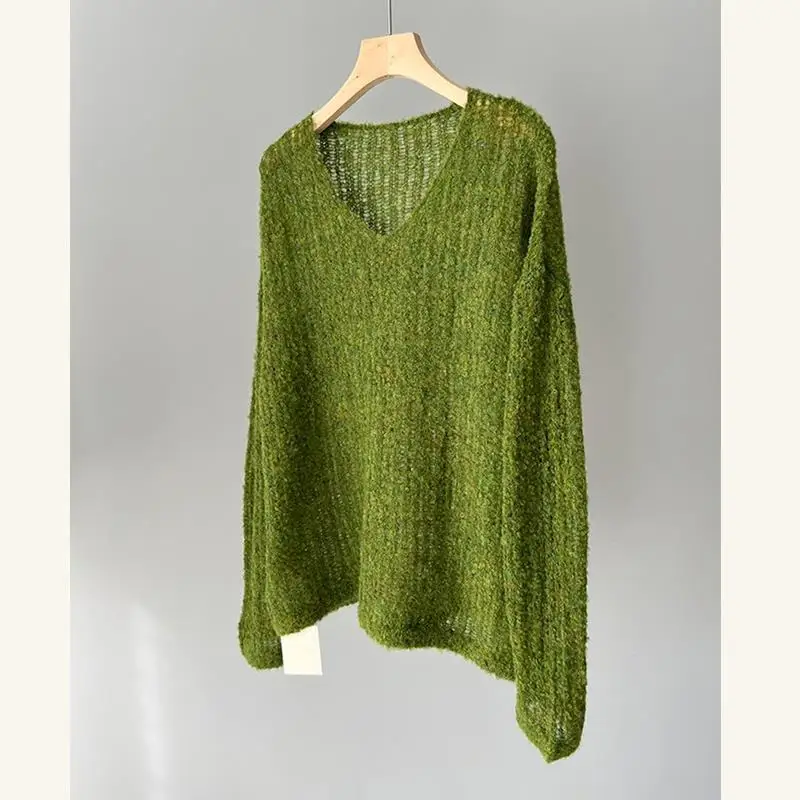 قميص علوي محبوك طويل فضفاض من Ele للسيدات، تصميم مريح ومسامي ومسامي، مقاس V Ne متوسط الطول