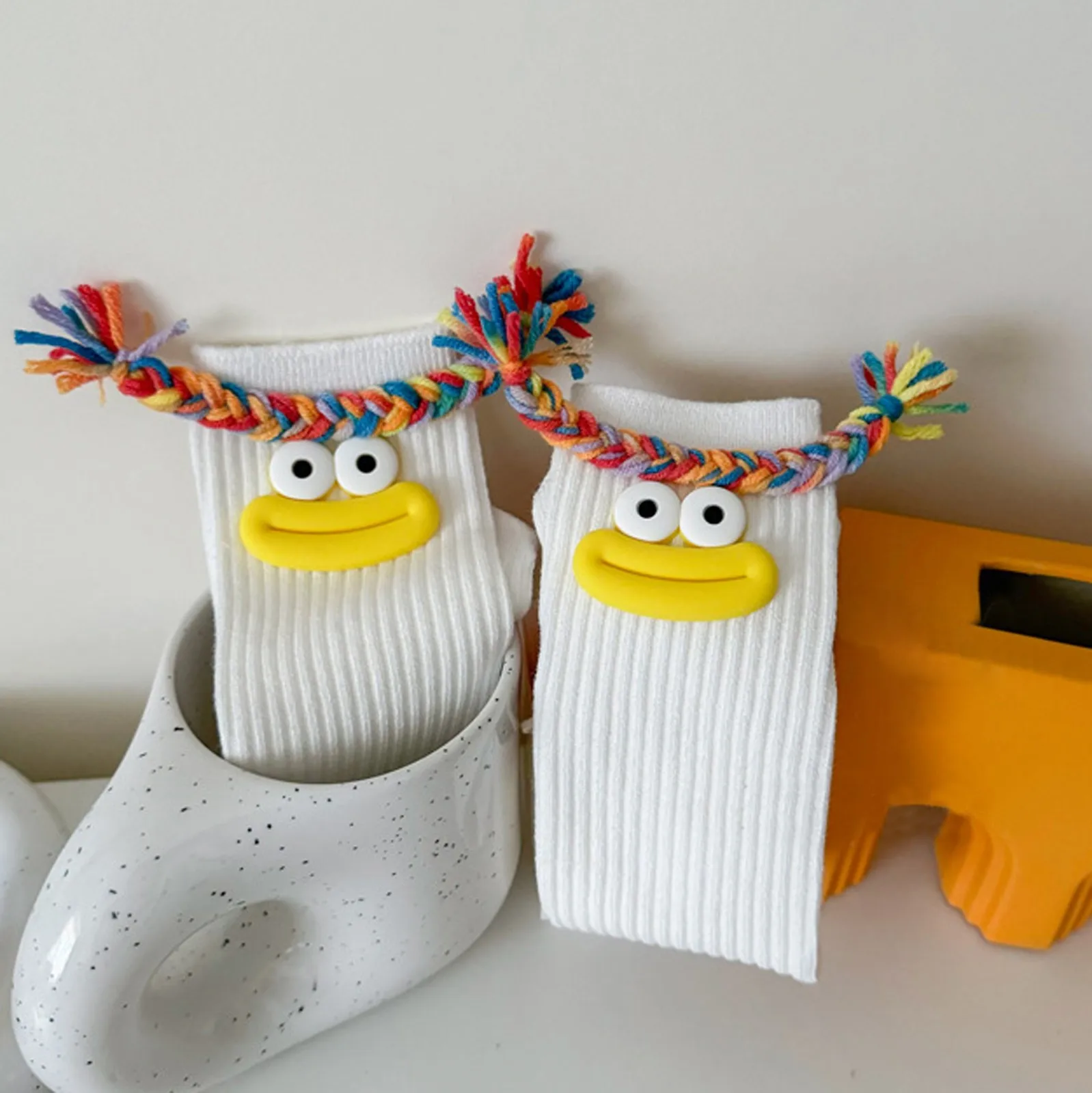 

Girls Colorful Big Mouth Braids Mid Length Socks Funny Cute Kids Novelty Knee High Stockings Playful Cotton School Ankle Socks