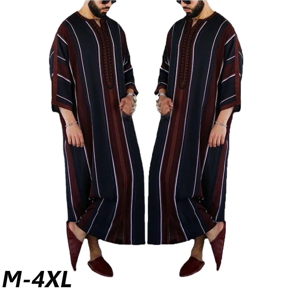 

Men Muslim Long Striped Robes Spring Summer Islamic Arabian Kaftan Clothing Saudi Arab Middle East Dubai Abaya Retro Jubba Thobe