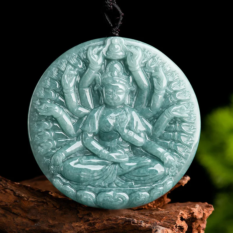 

Natural Burmese Jade Blue Water Thousand-Hand Guanyin Emerald Fashion Accessories Men And Women Couples Send Certificate Gift