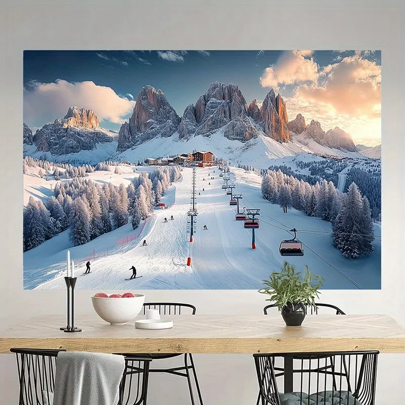 1 banner for a winter ski resort party - mountain landscape, featuring skiers and a lift system, made of polyester yzb