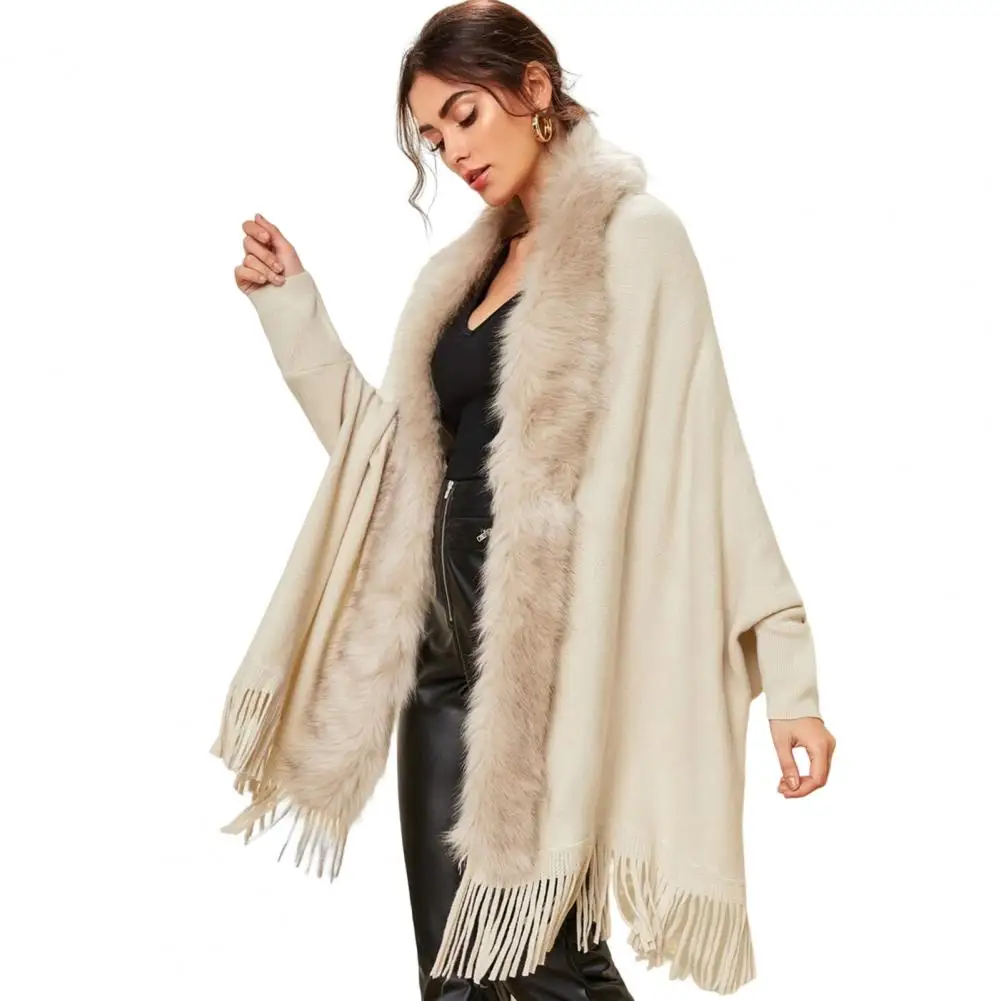 

Women Sweater Coat Long Sleeve Open Stitch Loose Shawl Cardigan Fall Winter Fur Collar Tassel Hem Knitting 가을 여성 의류