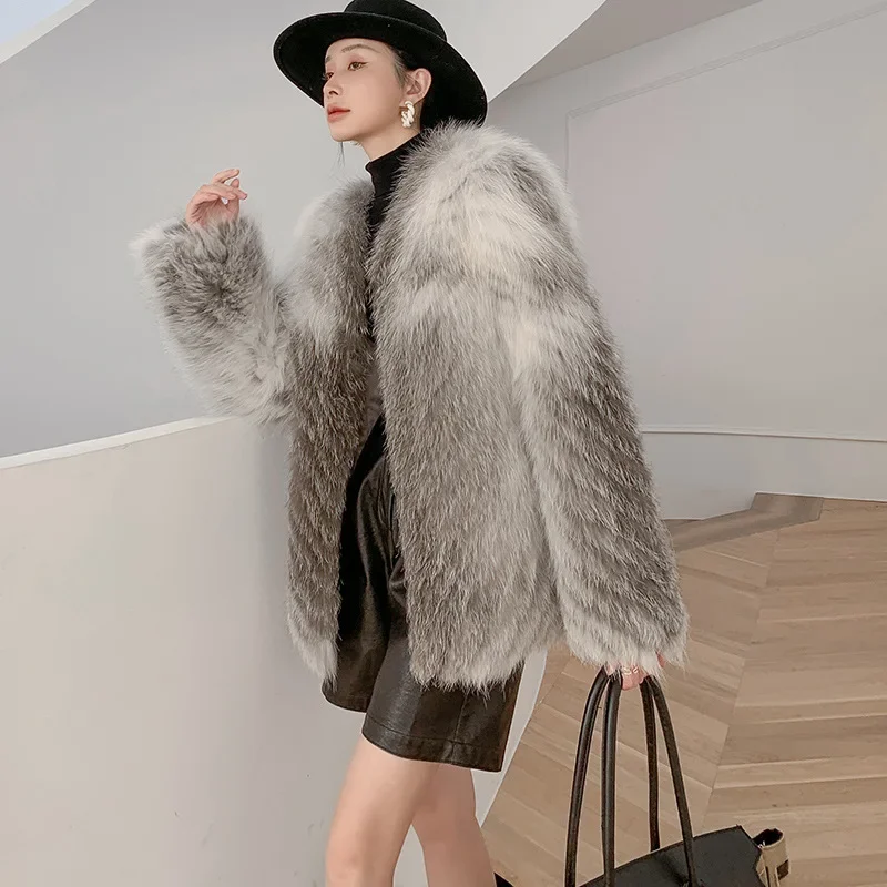 (Fox Beauty) New Light Luxury Style Fox Hair Car Strips Leather Coat for Women's Youth