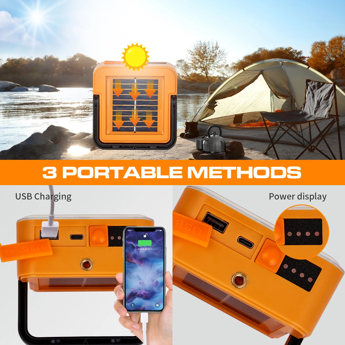 Outdoor Portable LED Solar Floodlight Rechargeable 500W Spotlight Lantern Suitable for Emergency Lighting Camping Searchlight