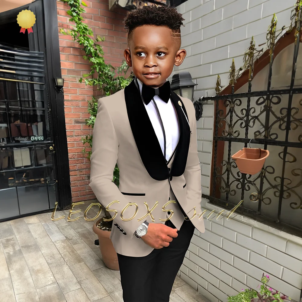 Boys' 3-piece black velvet collar suit set (shawl collar jacket, vest, and black trousers), children's wedding party attire