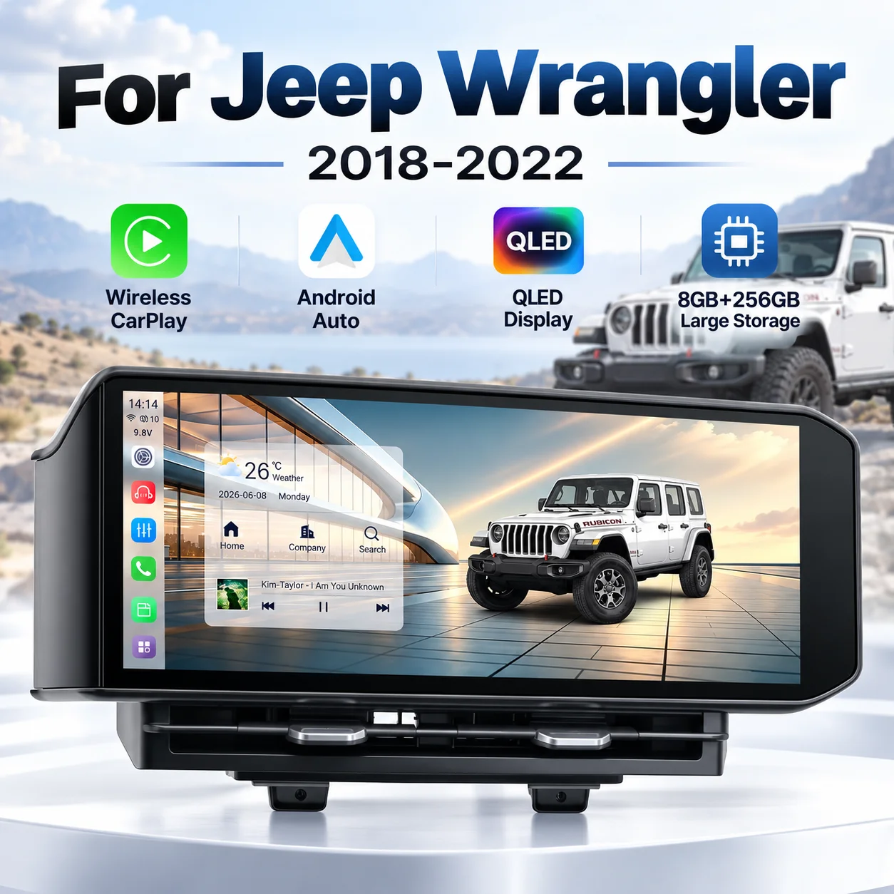 15 Inch Car Radio For Jeep Wrangler 2018-2022 Wireless CarPlay Android Auto QLED Touch Screen GPS Navigation Multimedia Player