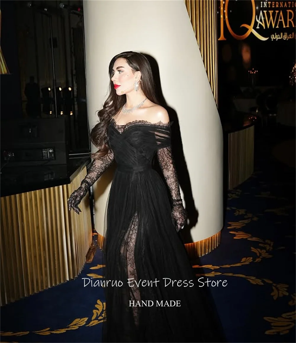 Dianruo فساتين سهرة سوداء على شكل حرف A بفتحة عالية طويلة من الدانتيل Abendkleider Luxus فساتين حفلات أنيقة على شكل قلب مخصصة