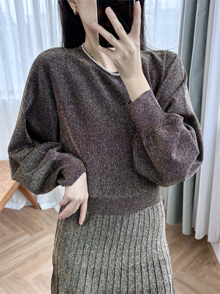 New 2024 High Quality Women Shiny Knit Maxi Dress Long Sleeves Gathered Ribbed Cuffs High Street Chic Stunning Fashion Design M