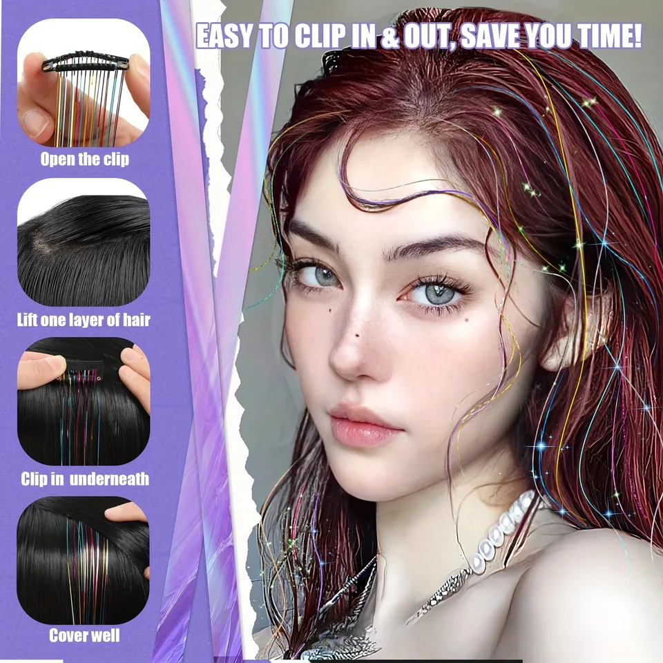 Kit de 12 piezas de tinsel sintético de 20 pulgadas con clip, brillantina, resistente al calor, cabello de hada 5