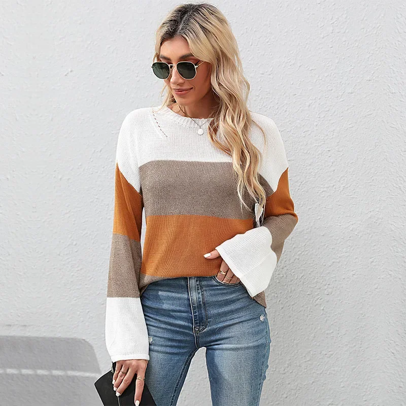 A Factory Outlet Fashion Women Sweaters Fall Korean Fashion Pullovers O-Neck Long Sleeve Top Patchwork Vintage Knitwears Jumpers