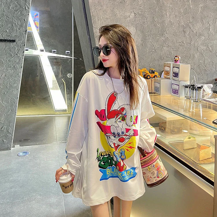 Sweatshirt Mid-length Female 2023 New Spring Autumn Loose Long Sleeve T-shirt Hot Drilling Cartoon Printed Pullover Hoodies