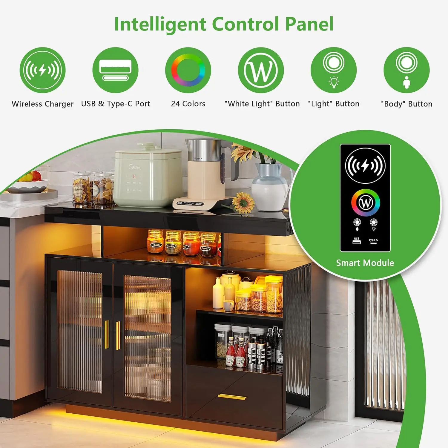 Buffet LED avec station de recharge, armoire de bar à café éclairée par RVB automatique, étagère réglable, noir