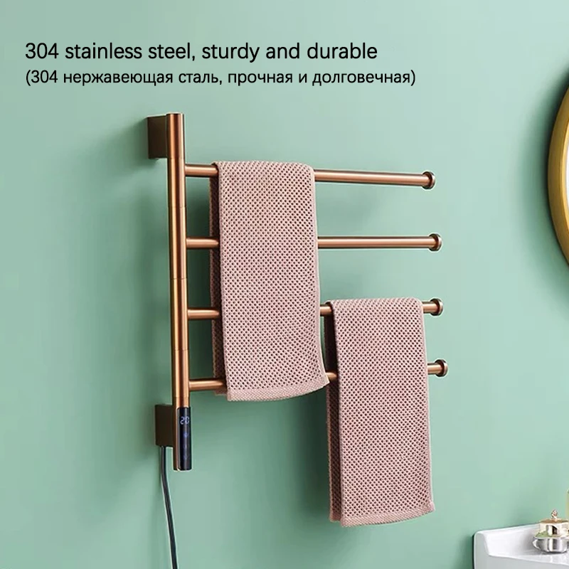Imagem -04 - Toalheiro Aquecido Elétrico para Banheiro Aquecedor de Ouro Rosa Controle de Toque Timing Rail Aço Inoxidável Fios Escondidos ou Expostos