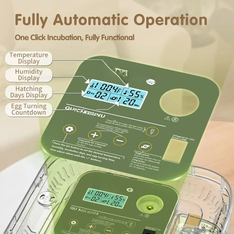 12 Eggs Incubator For Hatching Eggs, Temp And Humidity Control, 360°View Auto Water Adding, Egg Candler Egg Turning Countdown