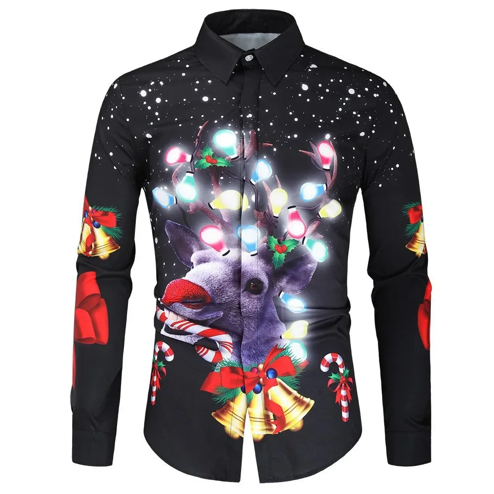 

2026 Men's New Santa Claus Design 3D Printed Men's Long Sleeve Button Up Shirt Street Style Fashion Collar Comfortable Party Top