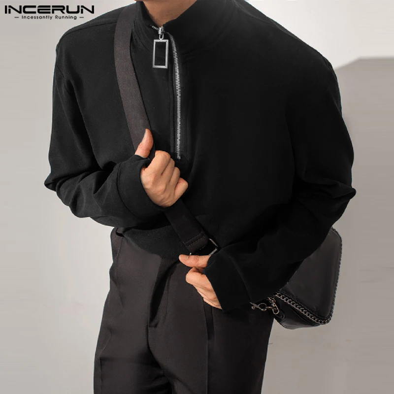 Fashion Casual Style Tops INCERUN 2024 Mens Solid Square Zipper Buckle Sweater Coat Streetwear Male Long Sleeved Pullovers S-5XL