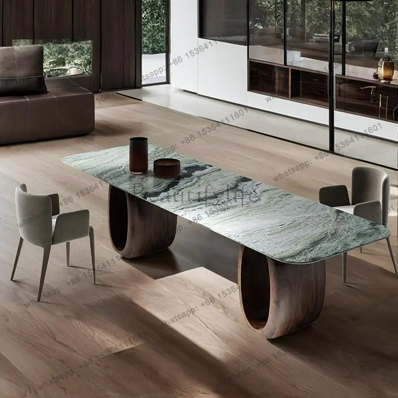 LJY Calacatta Marble & Walnut Dining Table, Minimalist Luxury Long Table for Villa, Eco-Friendly Scratch Resistant, Customizable