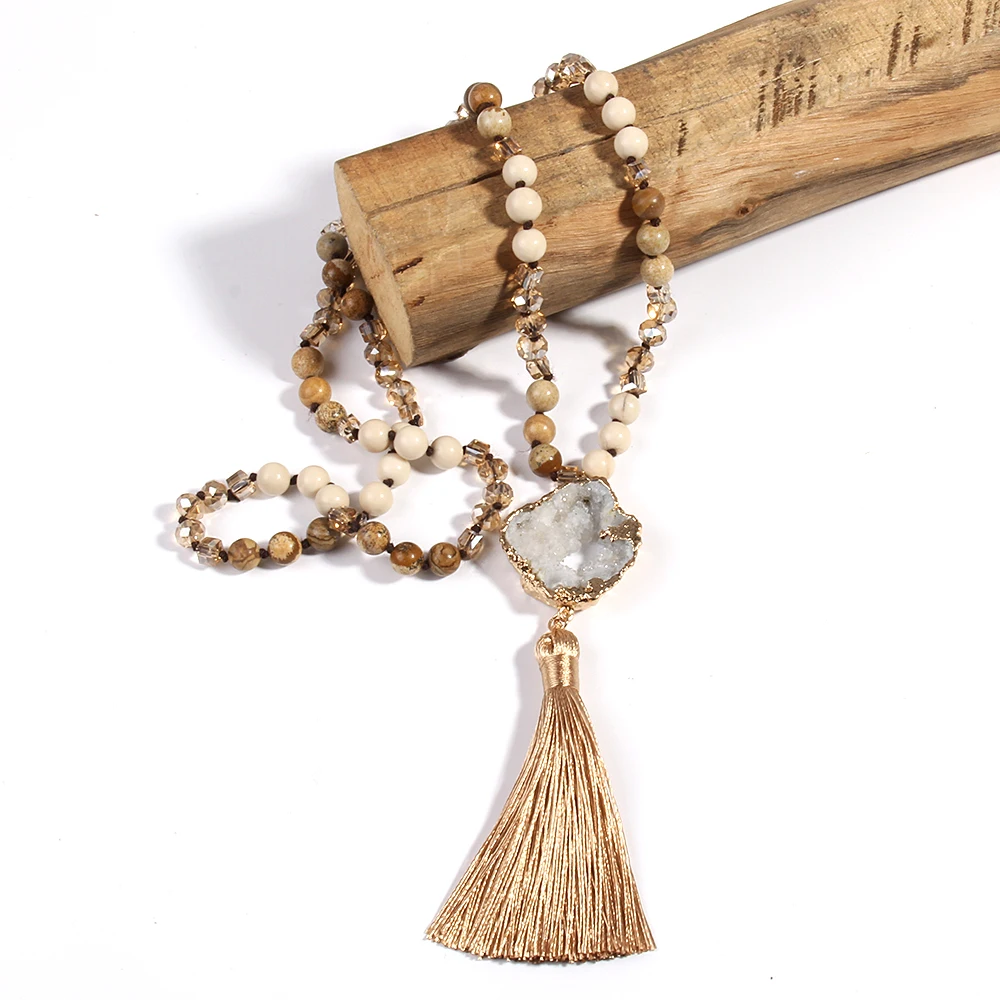 Fashion Bohemian Jewelry Natural Stones Glass Knotted Druzy Stone Links Tassel Necklaces For Women Gift