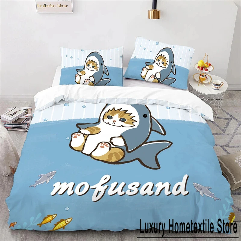 Cute Kitten Duvet Cover Pillow Case Mofusand Anime Shark Cat Bedding Set Single Double Queen Size Teen Gift Room Decor 3PCS set