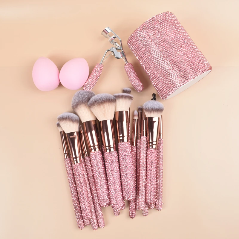 Bling Makeup Brushes with Rhinestone Face Concealer Eyeliner Blusher Puffs Eyelash Curler Storage Bucket Headbands 23 Sets