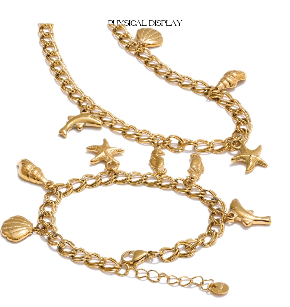 Yhpup Ocean Style Stainless Steel Seashell Conch Starfish Seahorse Drop Necklace Bracelet Bangle Waterproof Summer Daily Jewelry