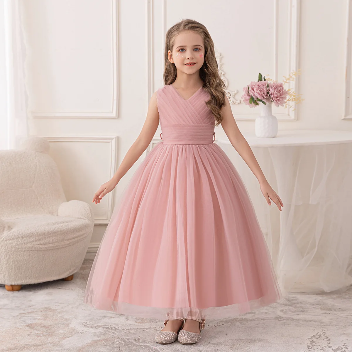 

HETISO 5-12Y Girl Dresses for Weddings Pleated Mesh Sleeveless Party Dress for Kids Girl Summer Kids Evening Ball Gown